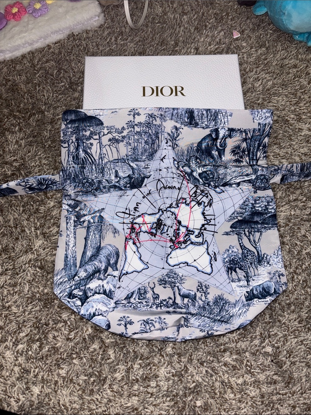 Dior Drawstring Travel Bag with Navy Toile Map Print - NIB